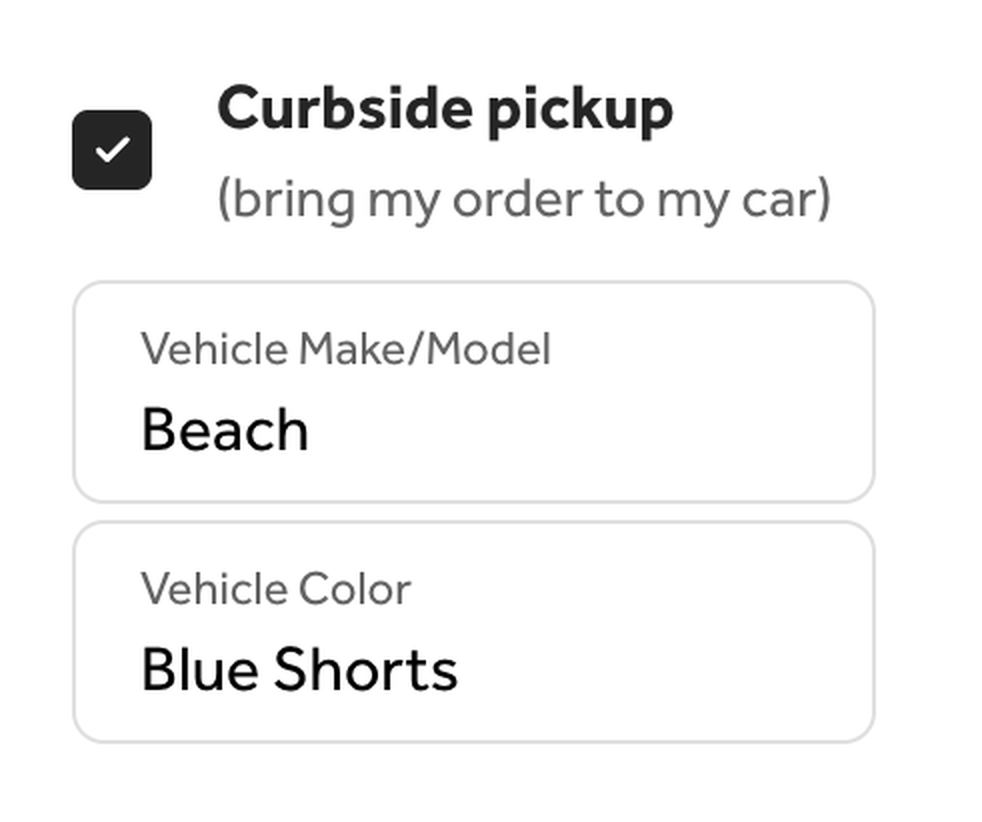 Toast checkout showing Curbside pickup checked, with Beach and Blue Shorts filled in