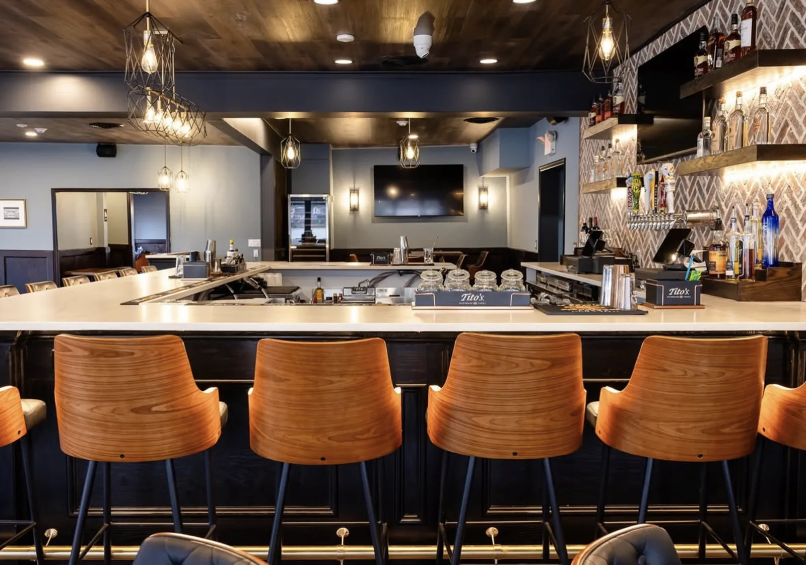 Backbar and chandeliers above the bar
